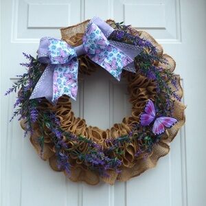 Rustic Burlap Wreath with Lavender, Summer Door Wreath.